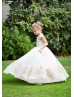 Cap Sleeves Gold Lace White Tulle V Back Flower Girl Dress